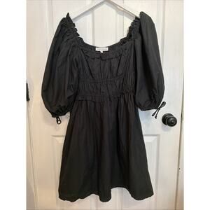 HOUSE OF HARLOW 1960 Black Poplin Cotton Puff Sleeve Smocked Peasant Dress L